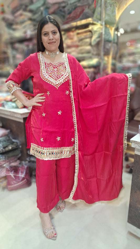 BEAUTIFUL NECK DESIGN GLASS TISSUE PLAZO 3PC SUIT