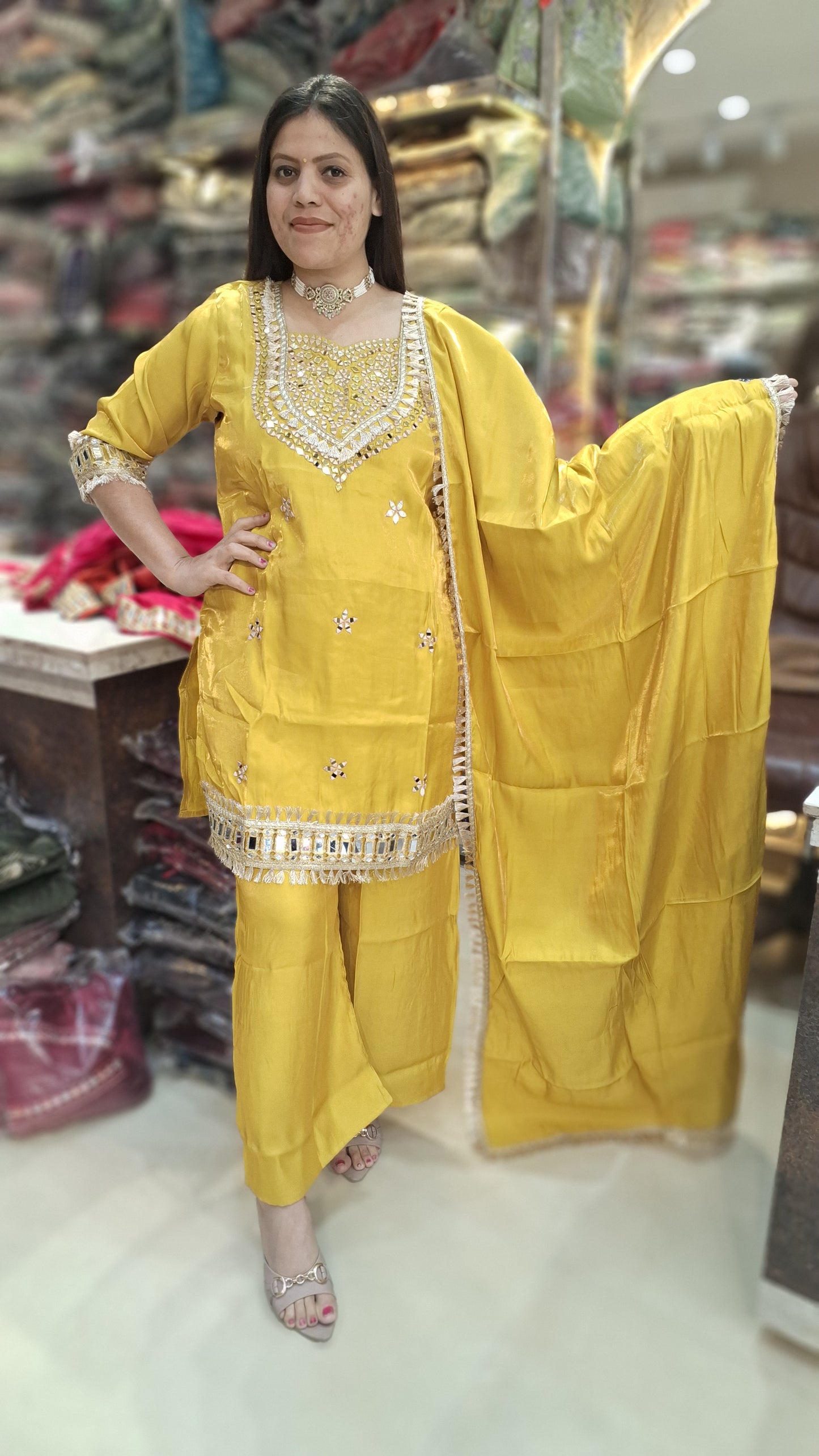 BEAUTIFUL NECK DESIGN GLASS TISSUE PLAZO 3PC SUIT