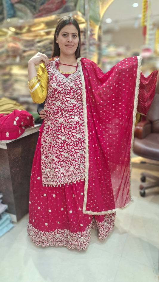 HOT PINK GEORGET HEAVY DUPPTA LEHENGA