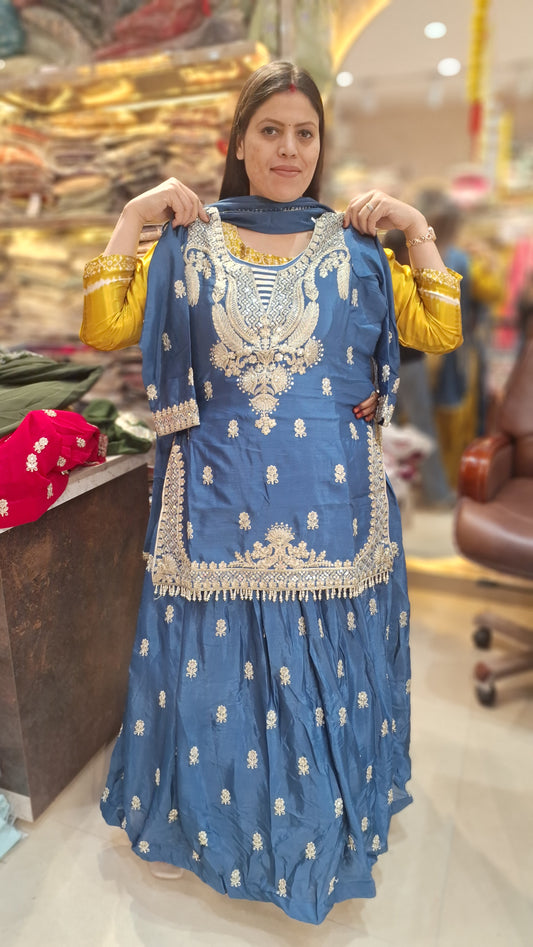 TEEL BLUE GEORGET BEAUTIL NECK DESIGN LEHENGA