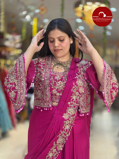FUCHSIA PINK DESINER SAREE JACKET SET WITH ORIGINAL MIRROR WORK/ZARI WORK/TILLA WORK/PEARL WORK