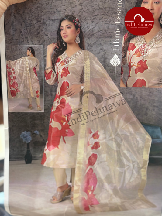 "Indipehnawa Classic V-Neck Suit with Dupatta"