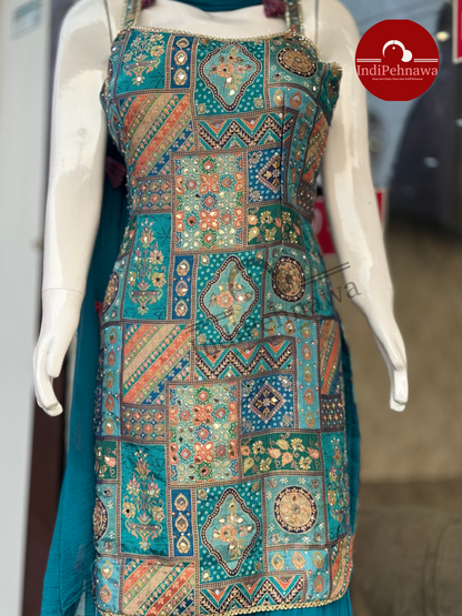 Sleeveless Partywear Suit with Designer Jaffa Bottom