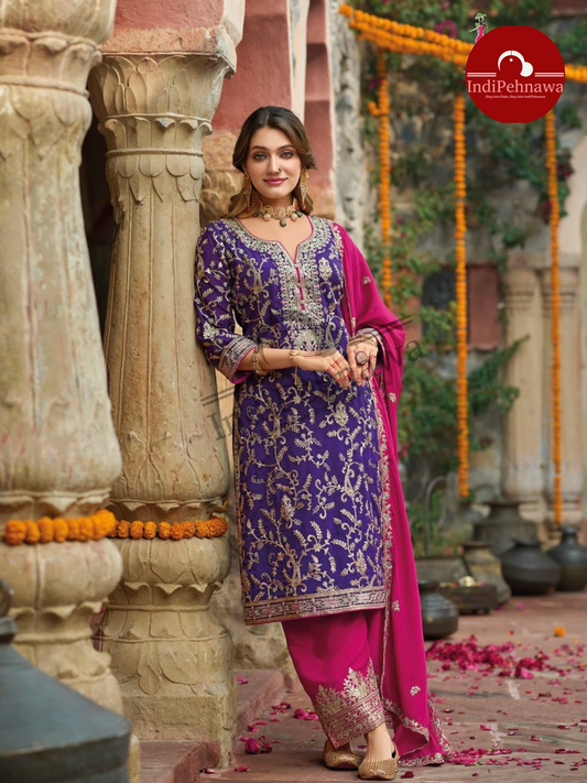 PURE CHINON CONTRAST PARTY WEAR SUIT WITH TILLA AND ZARI WORK
