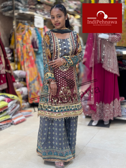 Designer Printed Sharara 3-Piece Ensemble-Festive Indian Outfit