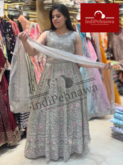 ✨ Grey & Pink Contrast Mirror Work Lehenga – Regal Elegance Redefined ✨