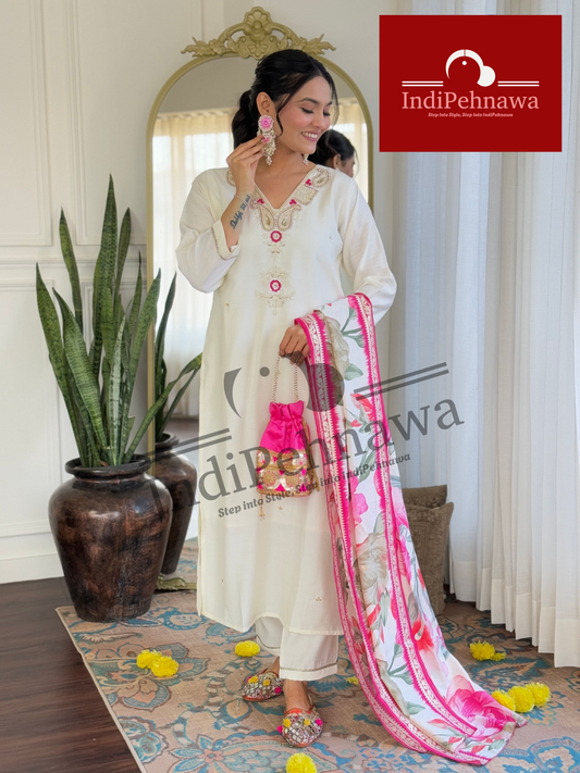 INDIPEHNAWA SATRANGI SILK PREMIUM SUIT WITH DIGITAL BANRASI DUPPATA
