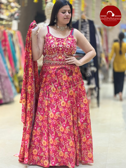 PINK 3 PC PARTY WEAR LEHENGA WITH MULTI THREAD WORK IN CHINON