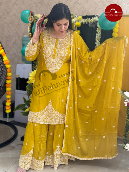 WHITE THREAD WORK CHINON SHARARA PARTY WEAR SUIT