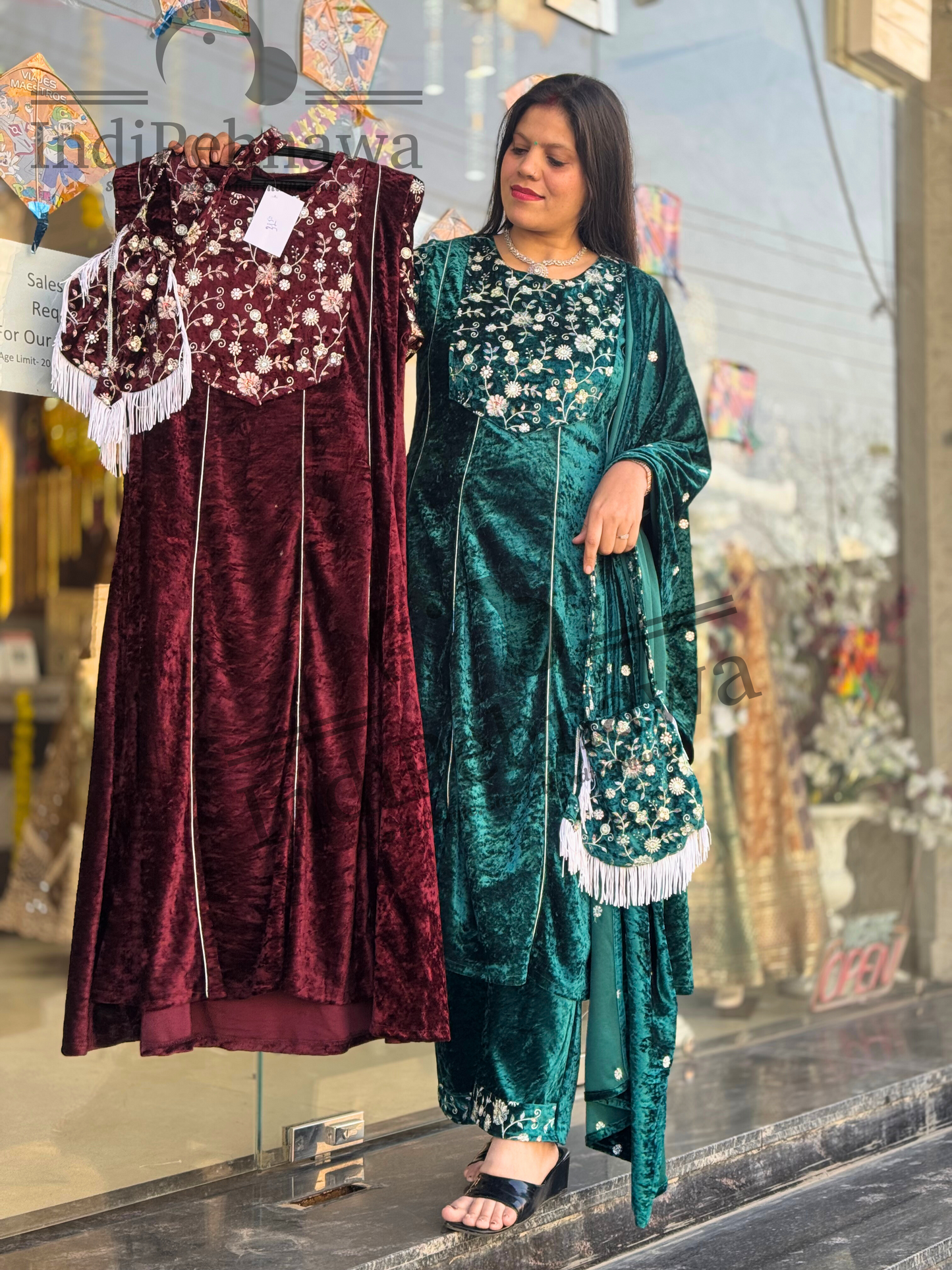 Elegant Anarkali Suit in Crushed Velvet with Potli Bag – Perfect for Festive Glam