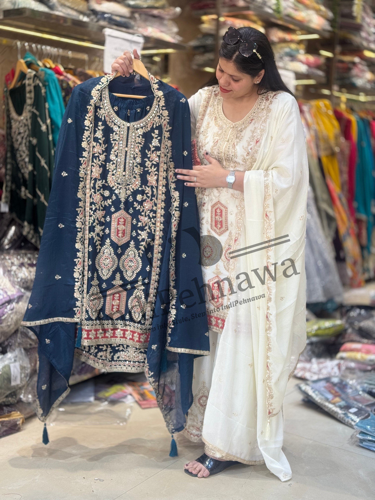 Designer Chinon Suit with Intricate Tilla Embroidery – Festive & Party Wear