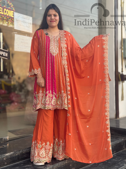 Luxurious Orange Plazo Suit with Original Mirror & Tilla Work in Chinon Fabric