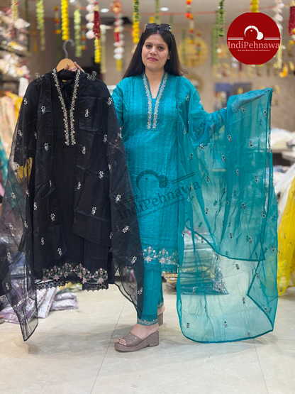 Premium Shifli Chicken Haqooba with Organza Dupatta and Thread Work Straight Suit