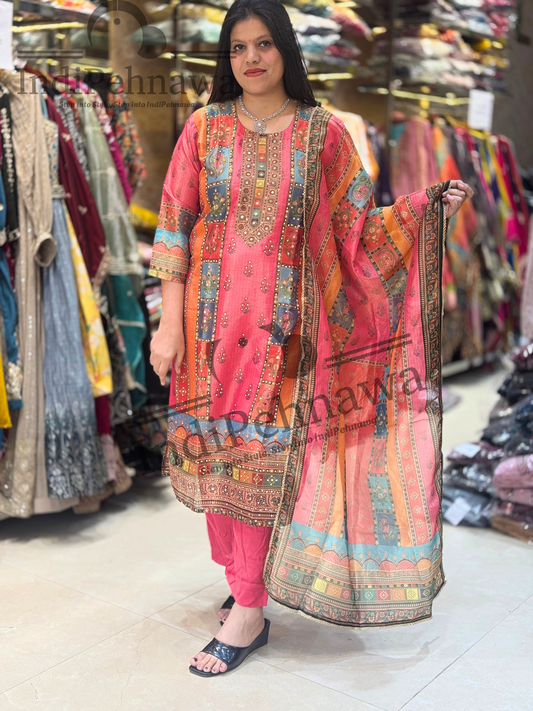 Elegant Dola Silk Suit with Full Mirror & Handwork