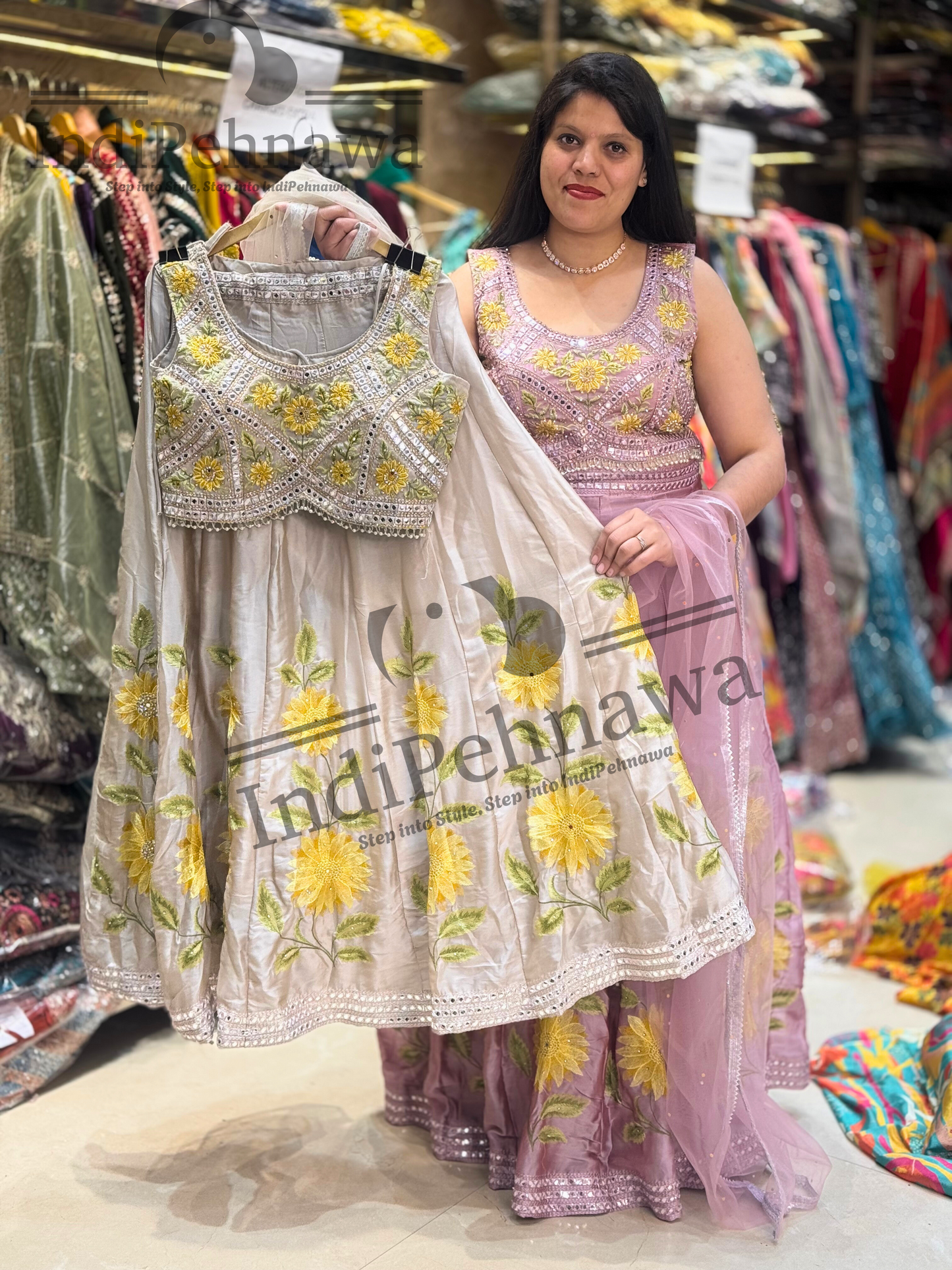Exquisite Chinon Lehenga with Floral Thread Embroidery