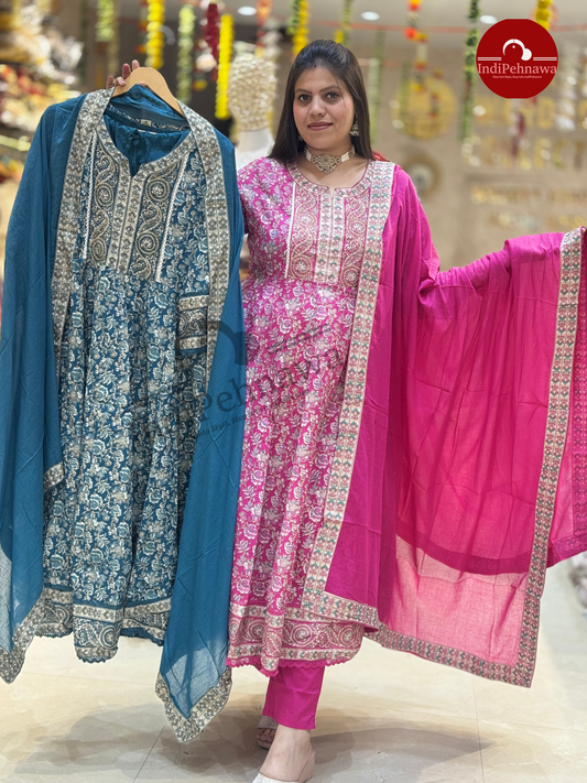 HAND WORK DESIGNER ANRAKALI IN PURE COTTON WITH FULL SIZE DUPPATA