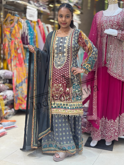 Designer Printed Sharara 3-Piece Ensemble-Festive Indian Outfit