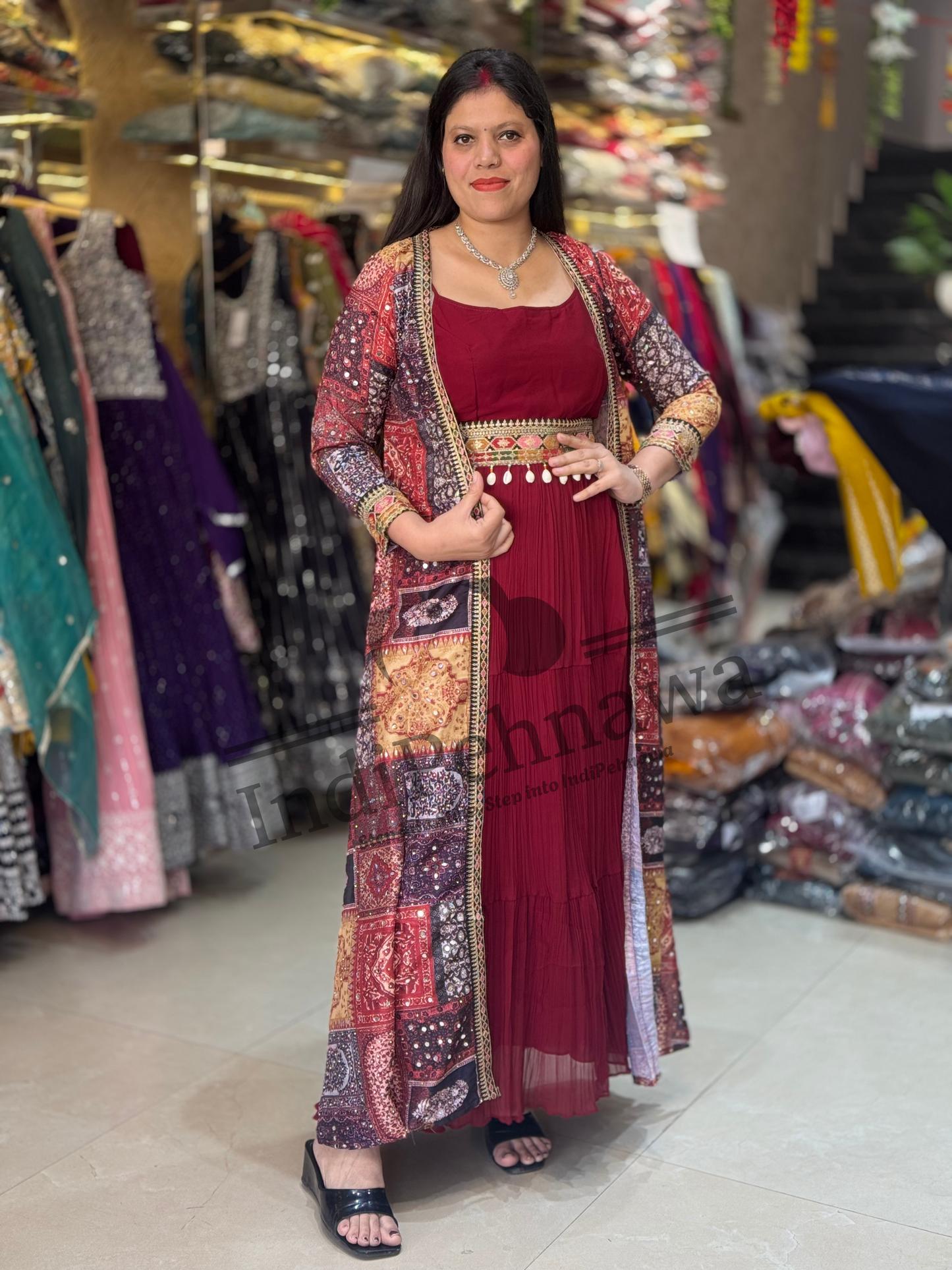 Stylish Pleated Dresses & Chinon Shrug Jacket Set with Belt
