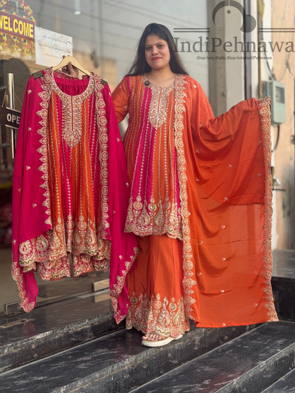 Luxurious Orange Plazo Suit with Original Mirror & Tilla Work in Chinon Fabric