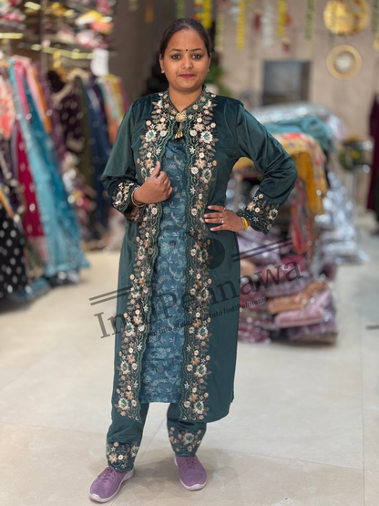 Premium 3-Piece Velvet Co-Ord Set with Digital Print Velvet Inner and Long Jacket