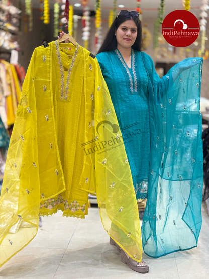 Premium Shifli Chicken Haqooba with Organza Dupatta and Thread Work Straight Suit