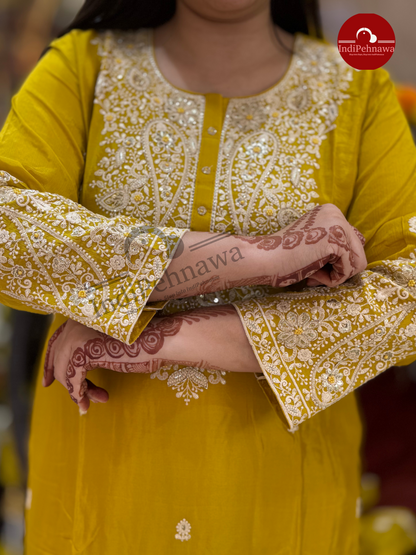 WHITE THREAD WORK CHINON SHARARA PARTY WEAR SUIT