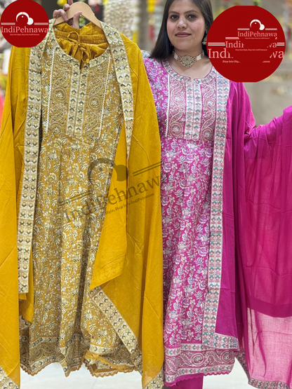 HAND WORK DESIGNER ANRAKALI IN PURE COTTON WITH FULL SIZE DUPPATA