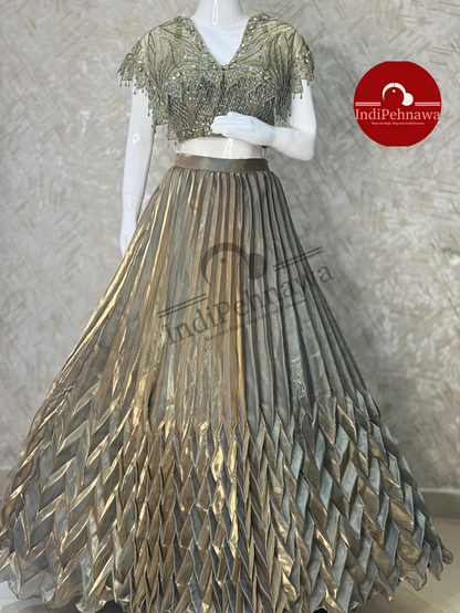 DESINER GOLDEN LEHENGA WITH SIPPY WORK IN CHINON