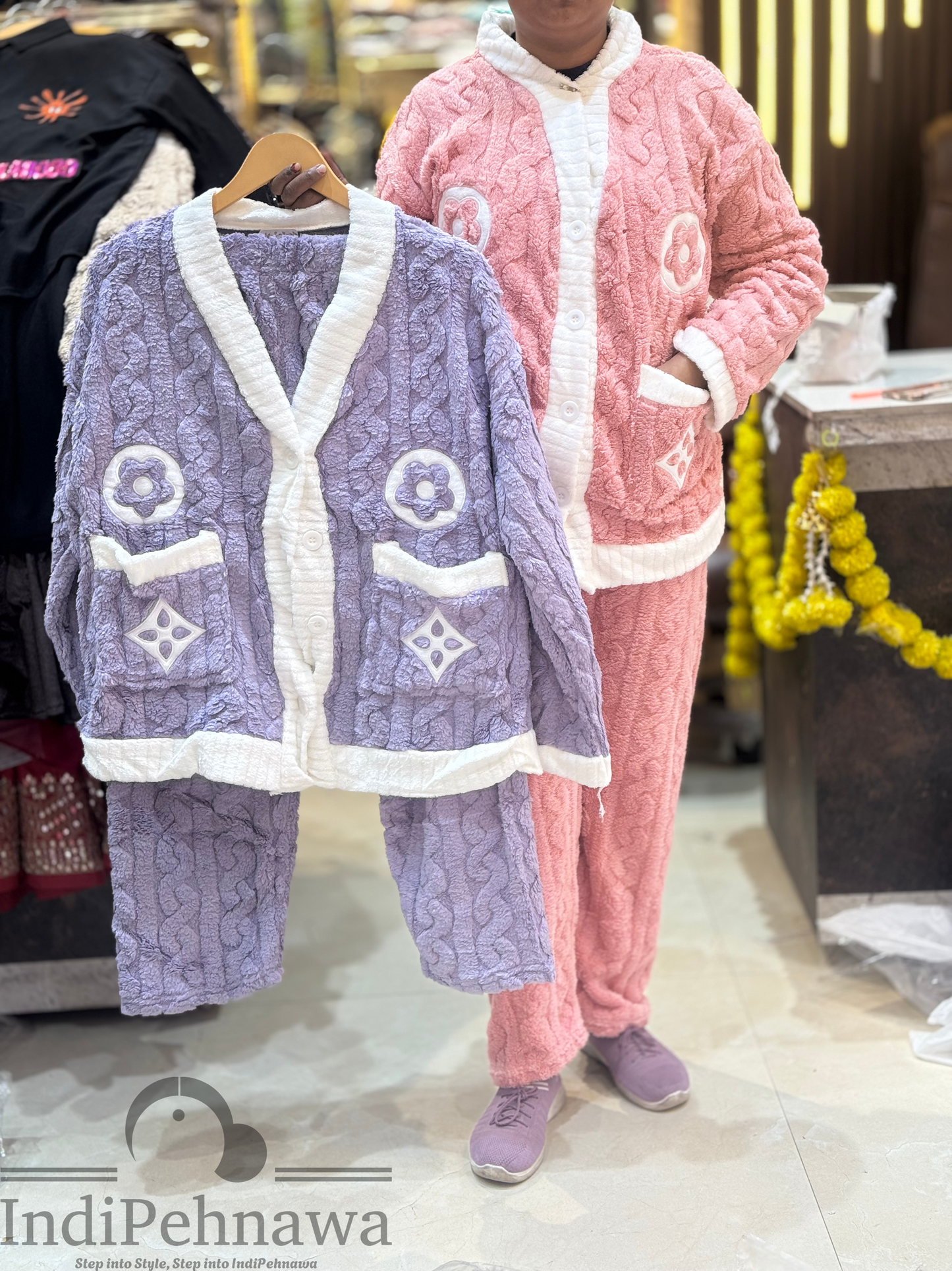 Cozy Woolen Night Suit with Front Button – Perfect for Cold Nights