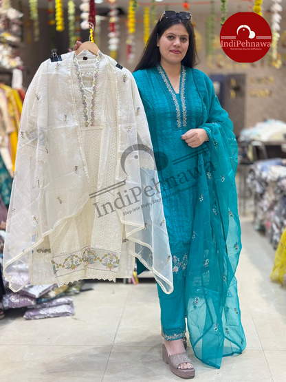 Premium Shifli Chicken Haqooba with Organza Dupatta and Thread Work Straight Suit