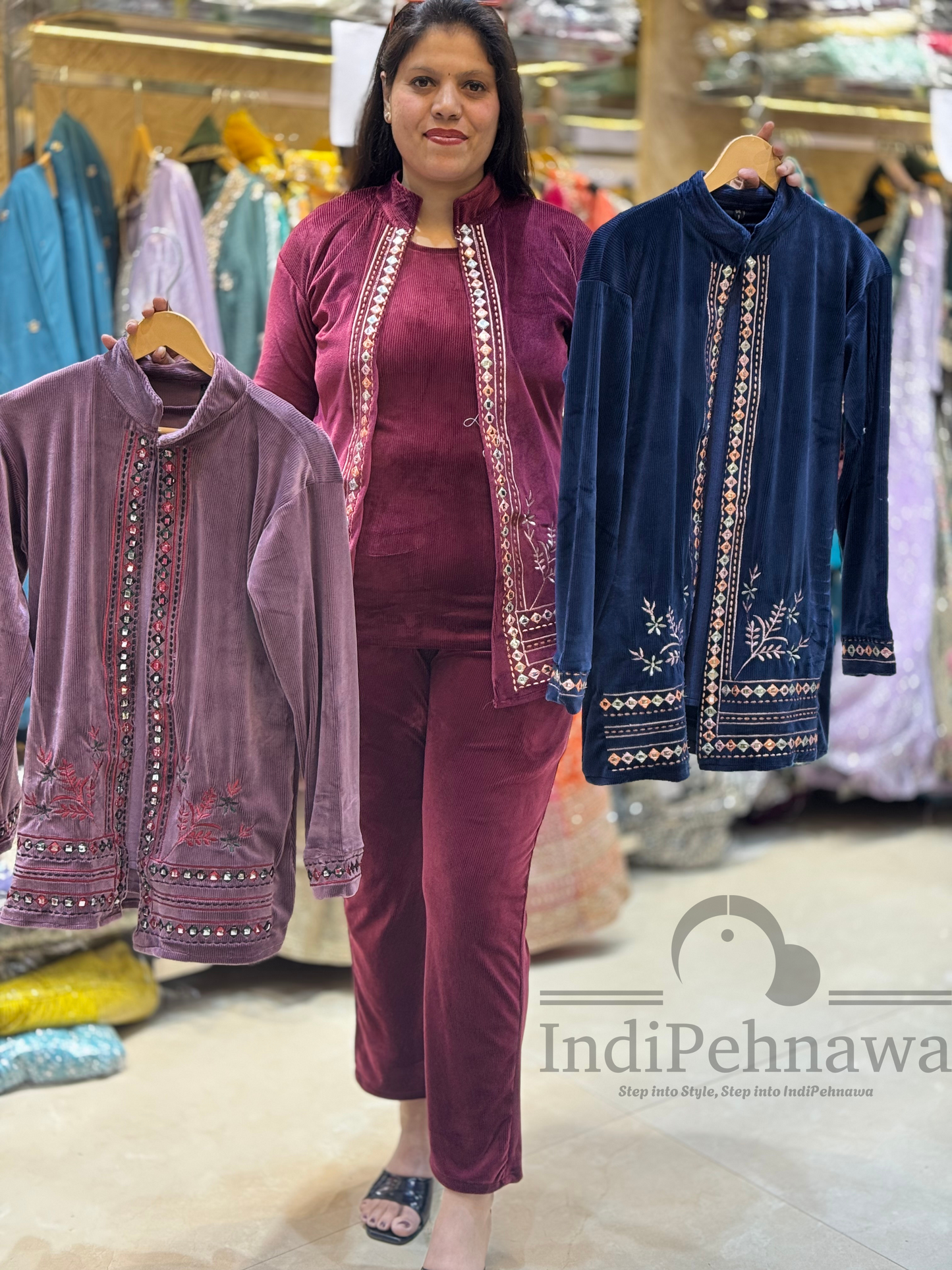 Exquisite Cotrize Velvet 3 Piece Cord Sets with Handcrafted Embroidery