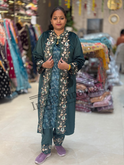 Premium 3-Piece Velvet Co-Ord Set with Digital Print Velvet Inner and Long Jacket
