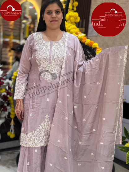 WHITE THREAD WORK CHINON SHARARA PARTY WEAR SUIT