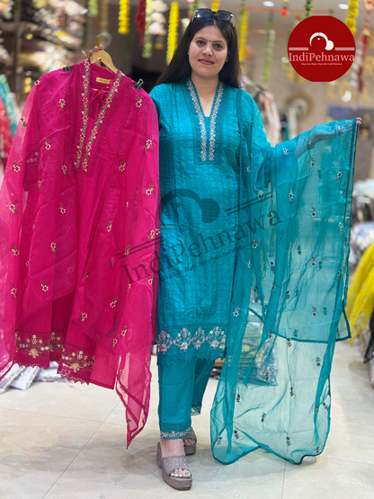 Premium Shifli Chicken Haqooba with Organza Dupatta and Thread Work Straight Suit