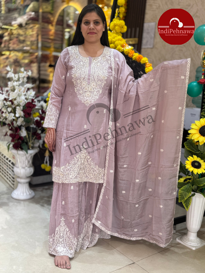 WHITE THREAD WORK CHINON SHARARA PARTY WEAR SUIT