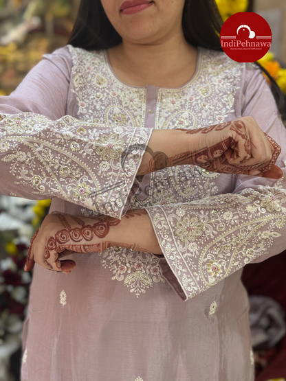 WHITE THREAD WORK CHINON SHARARA PARTY WEAR SUIT