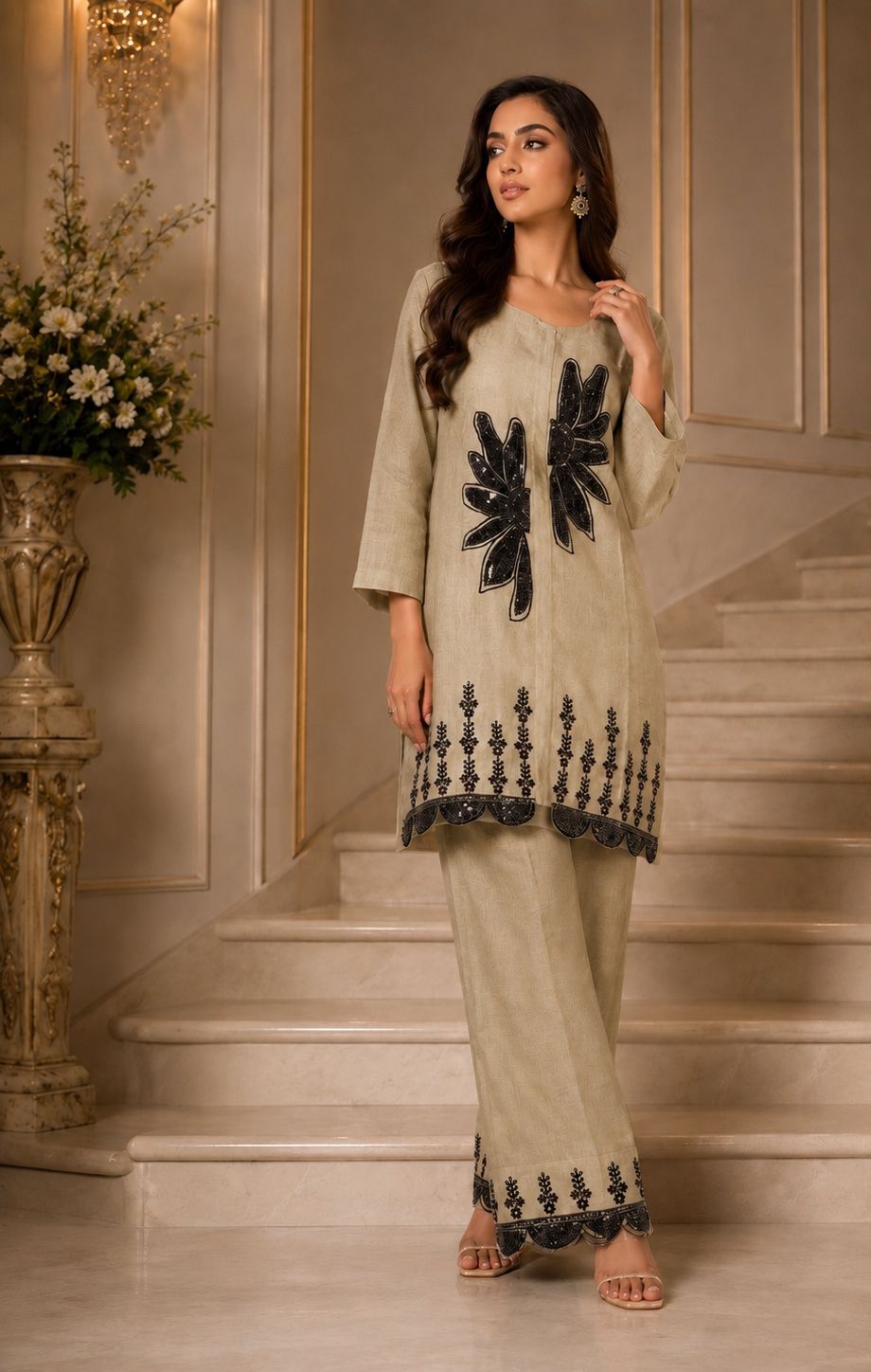 BLACK THREAD WORK KHADI COTTON CORDSET
