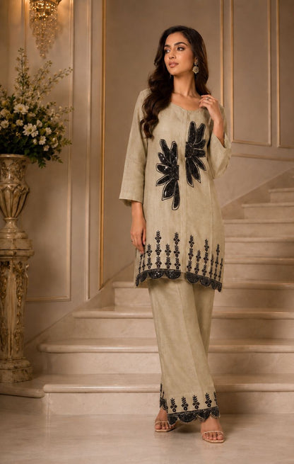 BLACK THREAD WORK KHADI COTTON CORDSET
