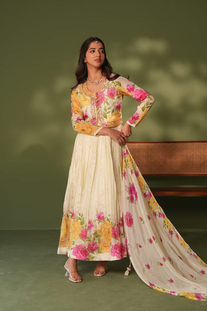 Yellow and White Stylish Chinon Anarkali Cum Gown with Jacket (4 pc set)