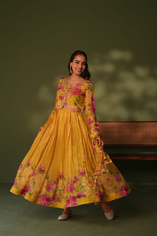 Yellow and White Stylish Chinon Anarkali Cum Gown with Jacket (4 pc set)