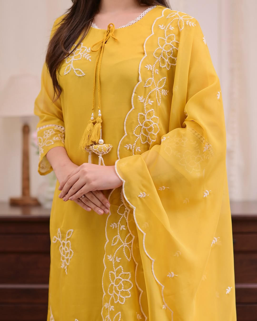 Indian Organza Suit Yellow And Hot Pink With Tassels (P6AL0003)
