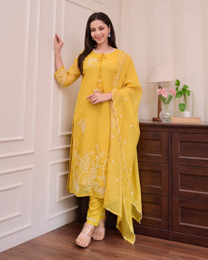 Indian Organza Suit Yellow And Hot Pink With Tassels (P6AL0003)