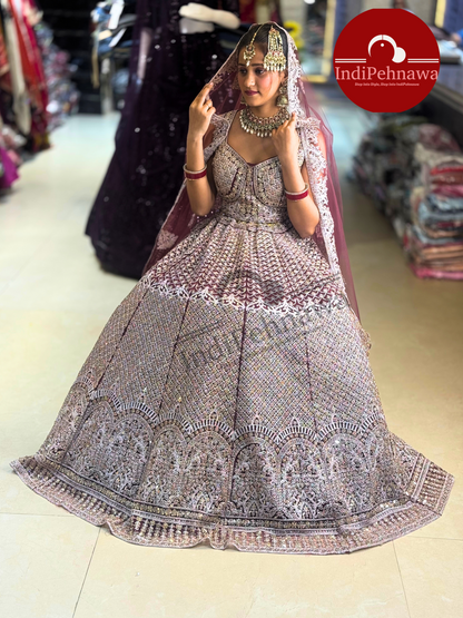 Heavy Mirror Work Onion Bridal Lehenga With Jarkan Stone Work