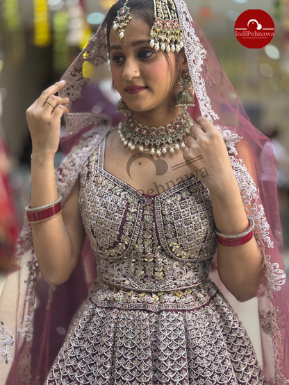 Heavy Mirror Work Onion Bridal Lehenga With Jarkan Stone Work