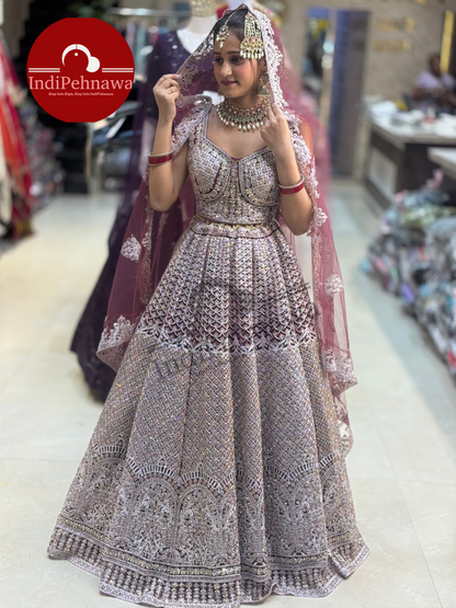 Heavy Mirror Work Onion Bridal Lehenga With Jarkan Stone Work
