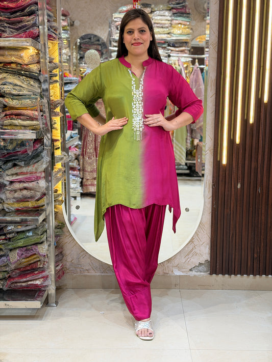 GREEN WITH PINK A-LINE WITH FARSHI SALWAR 2PC CORDSET