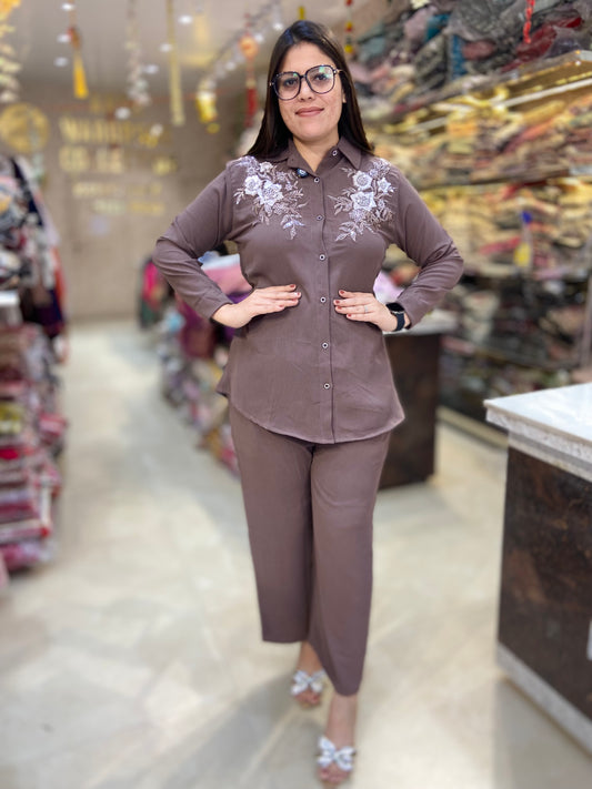 PREMIUM GEORGET SHIRT NECK DESIGN WITH PEARL AND THREAD DESIGN WITH BEAUTIFUL BOTTOM CORDSET