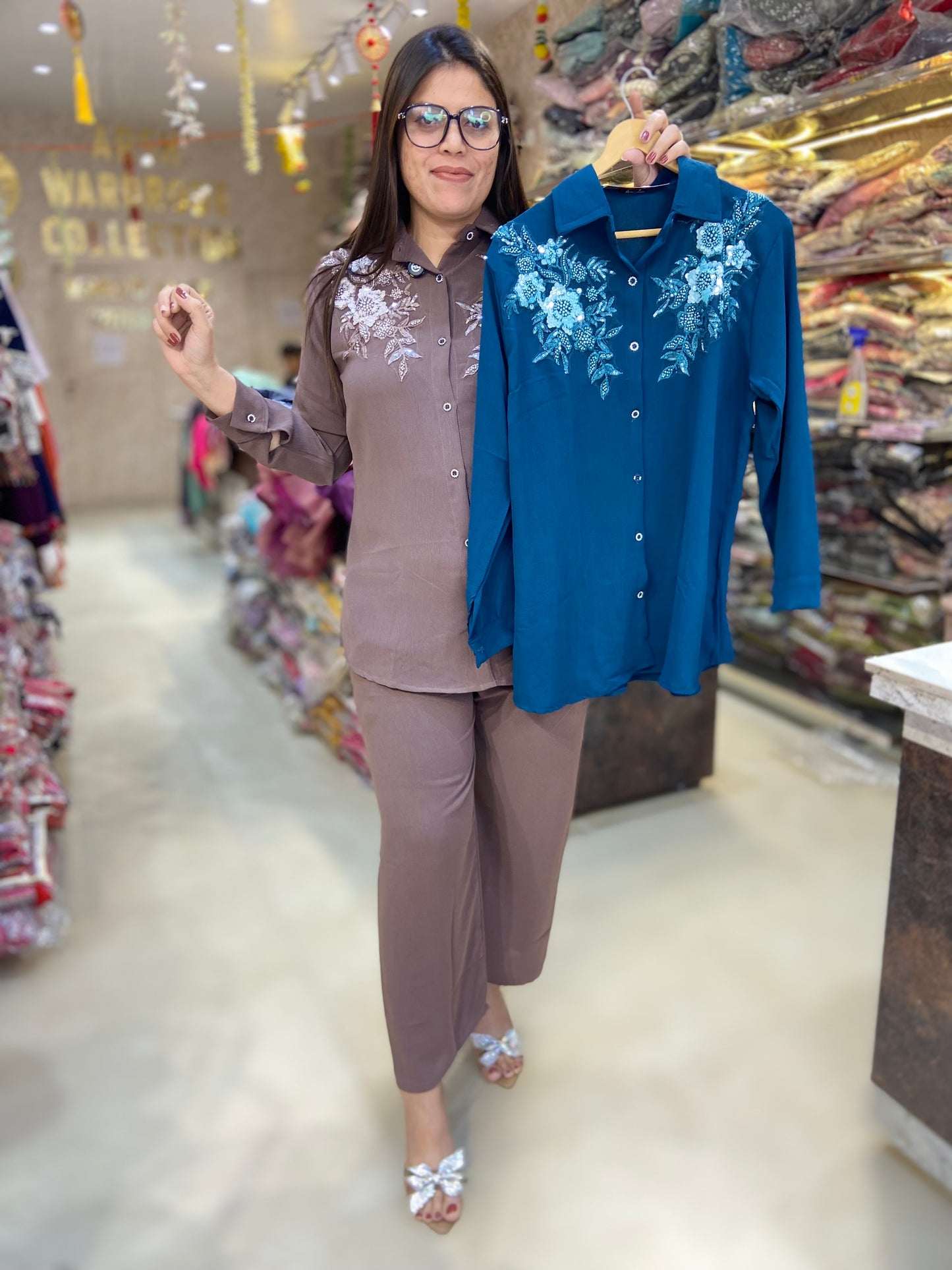 PREMIUM GEORGET SHIRT NECK DESIGN WITH PEARL AND THREAD DESIGN WITH BEAUTIFUL BOTTOM CORDSET