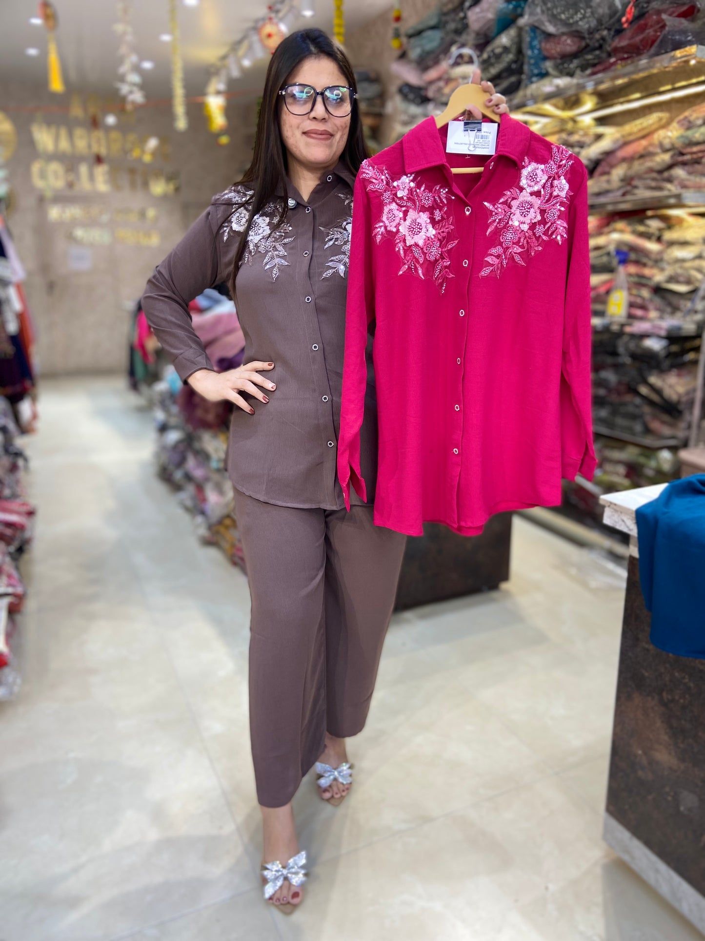 PREMIUM GEORGET SHIRT NECK DESIGN WITH PEARL AND THREAD DESIGN WITH BEAUTIFUL BOTTOM CORDSET