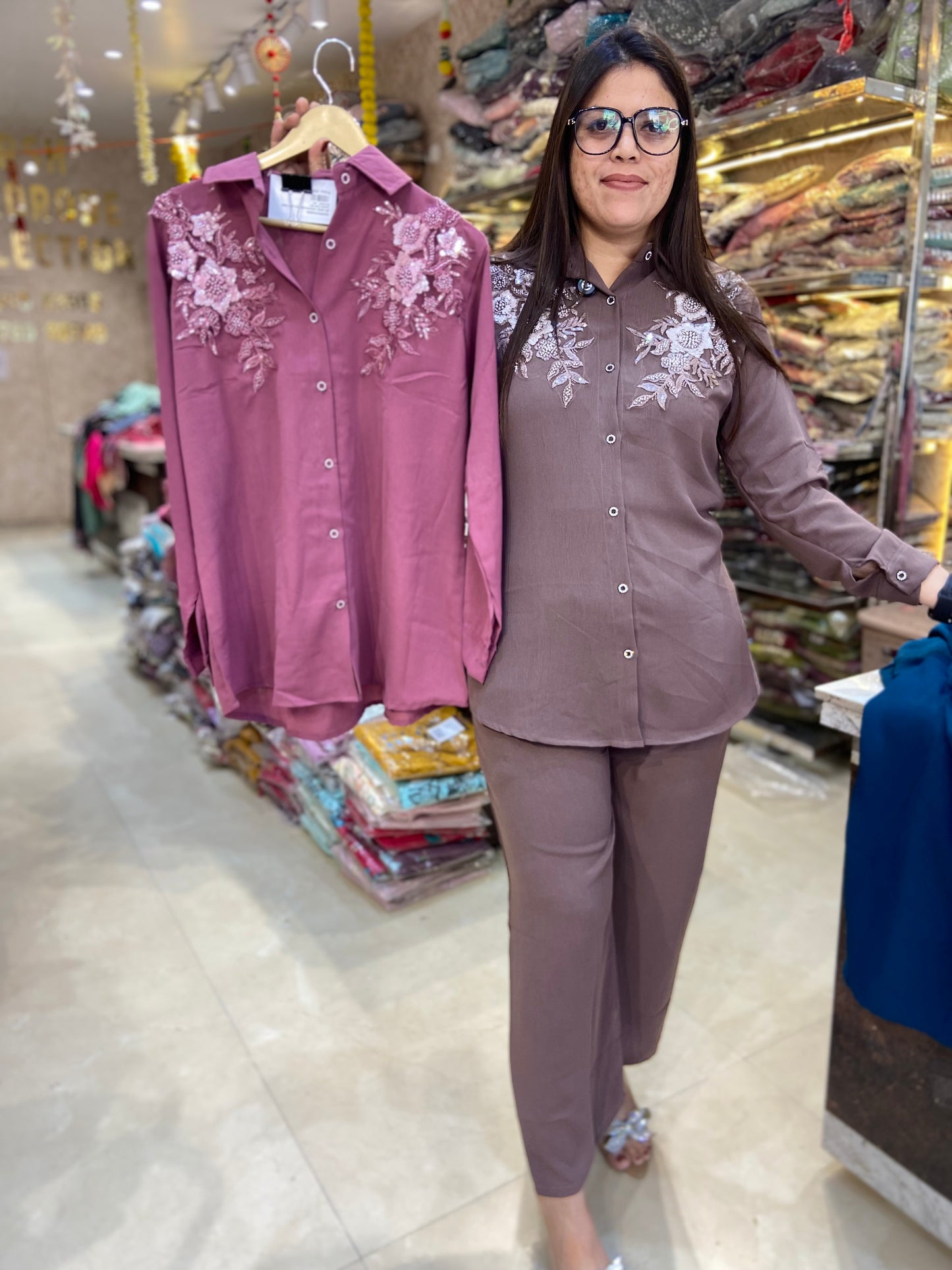 PREMIUM GEORGET SHIRT NECK DESIGN WITH PEARL AND THREAD DESIGN WITH BEAUTIFUL BOTTOM CORDSET